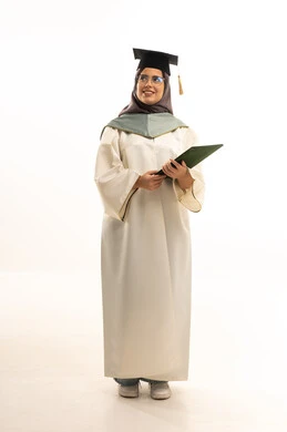 Education in the Kingdom of Saudi Arabia, celebrating the completion of university studies, a portrait of a smiling, veiled Arab Gulf Saudi graduate wearing an abaya and cap, holding her graduation certificate in one hand, looking at something with gestures of happiness, full-body length, white background. Education in the Kingdom of Saudi Arabia, celebrating the completion of university studies, a portrait of a smiling, veiled Arab Gulf Saudi graduate wearing an abaya and cap, holding her graduation certificate in one hand, looking at something with gestures of happiness, full-body length, white background.