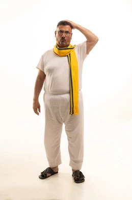 Gestures of loss and failure, enthusiasm and interaction with the national team, a portrait of an elderly Arab Gulf Saudi man wearing pants and a shirt and medical glasses, wearing a scarf of his favorite team, different sports clubs, full-body, white background.