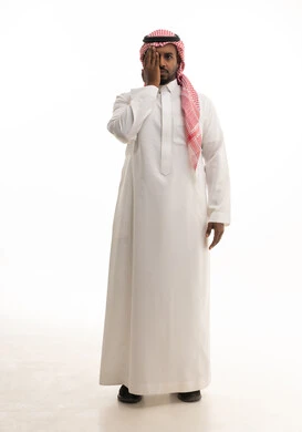 The concept of vision assessment, eye examination test, a portrait of a Saudi Gulf Arab man wearing traditional attire and a ghutrah, placing his hand over his eye, vision strength test.