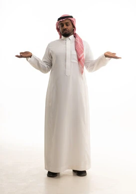 Anxiety and confusion in making the right decision, deep thinking and distraction, trying to find a solution to difficult problems, a portrait of an Arab Gulf Saudi man wearing traditional attire and a ghutrah, gesturing with his hand in confusion, white background.