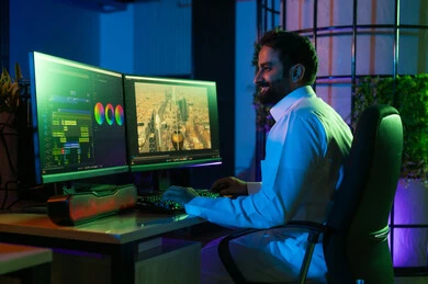 Expressions of happiness and joy, using a keyboard to edit videos, a picture of an Arab Gulf Saudi editor working in the editing room using a laptop to cut and arrange scenes, the concept of visual content creation and artistic creativity.