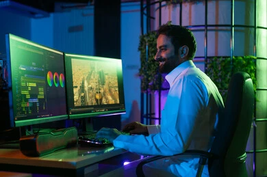 مفهوم صناعة المحتوى المرئي والإبداع الفني، استخدام لوحة المفاتيح لتعديل الفيديوهات، صورة لمونتير عربي خليجي سعودي يعمل في غرفة المونتاج يستخدم الحاسب المحمول لقص وترتيب المشاهد