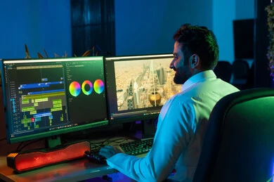 بيئة العمل الرقمية، استخدام لوحة المفاتيح لتعديل الفيديوهات، صورة لمونتير عربي خليجي سعودي يعمل في غرفة المونتاج يستخدم الحاسب المحمول لقص وترتيب المشاهد، مفهوم صناعة المحتوى المرئي والإبداع الفني