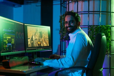 استخدام لوحة المفاتيح لتعديل الفيديوهات، صورة لمونتير عربي خليجي سعودي يعمل في غرفة المونتاج يستخدم الحاسب المحمول لقص وترتيب المشاهد، مفهوم صناعة المحتوى المرئي والإبداع الفني