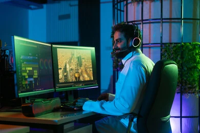 مفهوم الإبداع الفني، استخدام برامج المونتاج المتقدمة، صورة من الجانب لمونتير عربي خليجي سعودي يرتدي الثوب الابيض يضع سماعة الراس يعمل في غرفة المونتاج يستخدم الحاسب المحمول لقص وترتيب المشاهد،  صناعة المحتوى المرئي