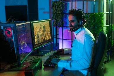 The concept of visual content creation and artistic creativity, using advanced editing software, a side image of an Arab Gulf Saudi editor wearing a white thobe, wearing headphones, working in the editing room using a laptop to cut and arrange scenes.