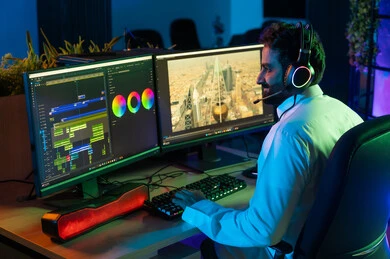 صورة من الجانب لمونتير عربي خليجي سعودي يرتدي الثوب الابيض يضع سماعة الراس يعمل في غرفة المونتاج يستخدم الحاسب المحمول لقص وترتيب المشاهد، استخدام برامج المونتاج المتقدمة، مفهوم صناعة المحتوى المرئي والإبداع الفني