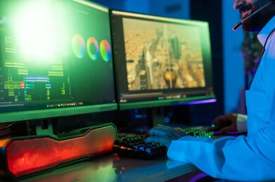 صورة من الجانب لمونتير عربي خليجي عماني يرتدي الدشداشة و الكمة وسماعات الرأس يجلس داخل الاستوديو يستخدم شاشات متعددة لتصميم الفيديوهات، مفهوم صناعة المحتوى الرقمي، تعديل المشاهد وإضافة المؤثرات، النقر على لوحه المفاتيح