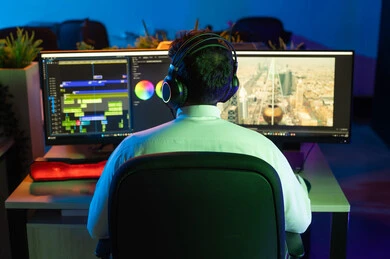 استخدام برامج تحرير متطورة لإنتاج الفيديوهات،مفهوم صناعة الأفلام والإخراج، تعديل المشاهد وإضافة المؤثرات، صورة من الخلف لمونتير عربي خليجي عماني يرتدي الزي العماني التقليدي وسماعات الرأس يجلس داخل الاستديو يستخدم شاشة متعددة لتصميم الفيديوهات، مفهوم صناعة المحتوى الرقمي، النقر على لوحه المفاتيح