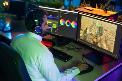 النقر على لوحه المفاتيح، تعديل المشاهد وإضافة المؤثرات، صورة من الجانب لمونتير عربي خليجي عماني يرتدي الزي العماني التقليدي وسماعات الرأس يجلس داخل الاستوديو يستخدم شاشات متعددة لتصميم الفيديوهات، مفهوم صناعة المحتوى الرقمي