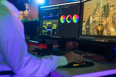 مفهوم صناعة المحتوى الرقمي،تعديل المشاهد وإضافة المؤثرات، صورة من الجانب لمونتير عربي خليجي عماني يرتدي الزي العماني التقليدي وسماعات الرأس يجلس داخل الاستوديو يستخدم شاشات متعددة لتصميم الفيديوهات، النقر على لوحه المفاتيح