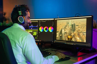 تعديل المشاهد وإضافة المؤثرات، صورة من الجانب لمونتير عربي خليجي عماني يرتدي الزي العماني التقليدي وسماعات الرأس يجلس داخل الاستوديو يستخدم شاشات متعددة لتصميم الفيديوهات، مفهوم صناعة المحتوى الرقمي، النقر على لوحه المفاتيح