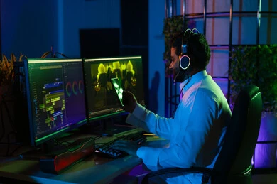 استخدام برامج التحرير المتطورة ، مفهوم صناعة المحتوى الرقمي، استخدام الهاتف المحمول ،صورة من الجانب لمونتير عربي خليجي سعودي يرتدي الثوب الابيض وسماعات الرأس يجلس داخل الاستديو يعمل على ترتيب المشاهد باستخدام برامج الحاسوب والجوال المتطورة ، ايماءات التفكير و التركيز