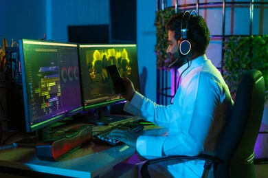 استخدام الهاتف المحمول ،مفهوم صناعة المحتوى الرقمي، صورة من الجانب لمونتير عربي خليجي سعودي يرتدي الثوب الابيض وسماعات الرأس يجلس داخل الاستديو يعمل على ترتيب المشاهد باستخدام برامج الحاسوب والجوال المتطورة ، ايماءات التفكير و التركيز