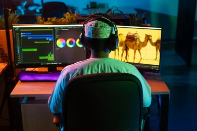 ايماءات الانسجام والتركيز ،مفهوم صناعة الأفلام والإخراج، تعديل المشاهد وإضافة المؤثرات، صورة من الخلف لمونتيرعربي خليجي عماني يرتدي الدشداشة و الكمة وسماعات الرأس يجلس داخل الاستديو يستخدم شاشة متعددة لتصميم الفيديوهات، مفهوم صناعة المحتوى الرقمي، النقر على لوحه المفاتيح