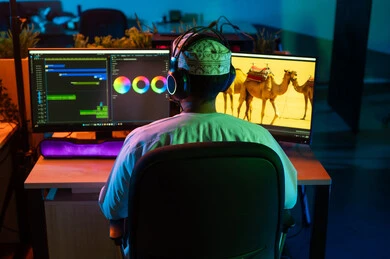 صورة من الخلف لمونتير عربي خليجي عماني يرتدي الدشداشة و الكمة وسماعات الرأس يجلس داخل الاستديو يستخدم شاشة متعددة لتصميم الفيديوهات، مفهوم صناعة المحتوى الرقمي، مفهوم صناعة الأفلام والإخراج، استخدام برامج تحرير متطورة لإنتاج الفيديوهات،تعديل المشاهد وإضافة المؤثرات، النقر على لوحه المفاتيح