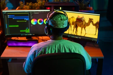 مفهوم صناعة الأفلام والإخراج، استخدام برامج تحرير متطورة لإنتاج الفيديوهات،تعديل المشاهد وإضافة المؤثرات، صورة من الخلف لمونتير عربي خليجي عماني يرتدي الدشداشة و الكمة وسماعات الرأس يجلس داخل الاستديو يستخدم شاشة متعددة لتصميم الفيديوهات، مفهوم صناعة المحتوى الرقمي، النقر على لوحه المفاتيح