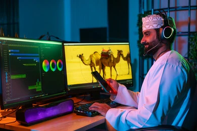 مفهوم صناعة المحتوى الرقمي، استخدام الهاتف المحمول ،صورة من الجانب لمونتير عربي خليجي عماني يرتدي الدشداشة و الكمة وسماعات الرأس يجلس داخل الاستديو يعمل على ترتيب المشاهد باستخدام برامج الحاسوب والجوال المتطورة  ، ايماءات التفكير و التركيز