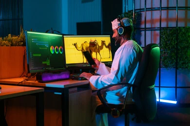 Gestures of thinking and focus, the concept of digital content creation, the use of mobile phones, a side image of an Arab Gulf Omani editor wearing a dishdasha and kumma with headphones sitting inside the studio working on arranging scenes using advanced computer and mobile applications.