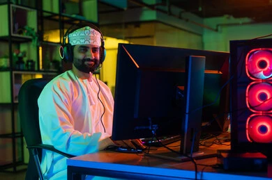 مفهوم صناعة المحتوى المرئي، الإبداع في عالم المونتاج ، صورة من الجانب لمونتير عربي خليجي عماني يرتدي الدشداشة والكمة  و سماعات الراس يجلس أمام شاشة حاسب محمول يقوم باخراج مشهد سينمائي ، ايماءات الاندماج و التركيز