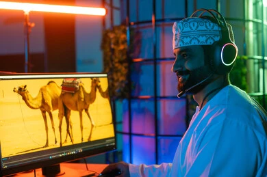 تعابير السعادة والسرور، تعديل المشاهد وإضافة المؤثرات، صورة من الجانب لمونتير عربي خليجي عماني يرتدي الدشداشة و الكمة وسماعات الرأس يجلس داخل الاستوديو يستخدم شاشات متعددة لتصميم الفيديوهات، مفهوم صناعة المحتوى الرقمي، النقر على لوحه المفاتيح