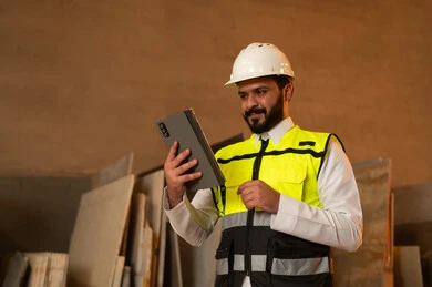 Using technology in laboratories, workshops in Saudi Arabia, tools and equipment made of marble, quality of local national production, home and office furniture manufacturing, a Saudi Arabian Gulf Arab engineer wearing traditional thobe and work clothes holding a tablet in his hand