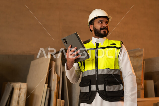 Using technology in laboratories, workshops in Saudi Arabia, tools and equipment made of marble, quality of local national production, home and office furniture manufacturing, a Saudi Arabian Gulf Arab engineer wearing traditional thobe and work clothes holding a tablet in his hand