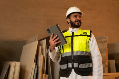 Using technology in laboratories, workshops in Saudi Arabia, tools and equipment made of marble, quality of local national production, home and office furniture manufacturing, a Saudi Arabian Gulf Arab engineer wearing traditional thobe and work clothes holding a tablet in his hand