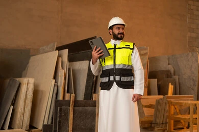 Using technology in laboratories, workshops in Saudi Arabia, tools and equipment made of marble, quality of local national production, home and office furniture manufacturing, a Saudi Arabian Gulf Arab engineer wearing traditional thobe and work clothes holding a tablet in his hand