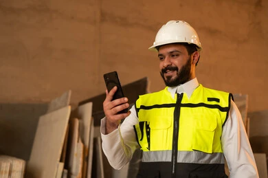 العمل على الهاتف المحمول، ورشات عمل في المملكة العربية السعودية, أدوات ومعدات مصنوعة من الرخام، جودة الانتاج المحلي الوطني, صناعة الأثاث المنزلي والمكتبي، رجل مهندس عربي خليجي سعودي يرتدي الثوب التقليدي وزي العمل يمسك بيده الجوال