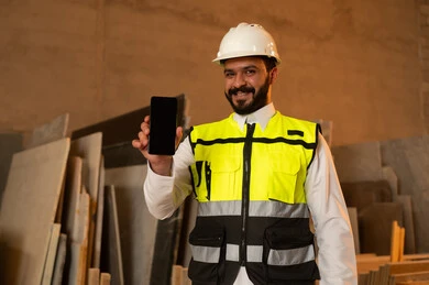 عرض شاشة سوداء فارغة على الهاتف المحمول، ورشات عمل في المملكة العربية السعودية, أدوات ومعدات مصنوعة من الرخام، جودة الانتاج المحلي الوطني, صناعة الأثاث المنزلي والمكتبي، رجل مهندس عربي خليجي سعودي يرتدي الثوب التقليدي وزي العمل يمسك بيده الجوال