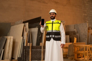 عرض شاشة سوداء فارغة على الهاتف المحمول، ورشات عمل في المملكة العربية السعودية, أدوات ومعدات مصنوعة من الرخام، جودة الانتاج المحلي الوطني, صناعة الأثاث المنزلي والمكتبي، رجل مهندس عربي خليجي سعودي يرتدي الثوب التقليدي وزي العمل يمسك بيده الجوال