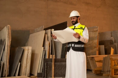 Working on engineering plans and papers, a Saudi Arabian Gulf Arab engineer wearing traditional thobe and work clothes holding a paper in his hand, workshops in Saudi Arabia, tools and equipment made of marble, quality of local national production, home and office furniture manufacturing