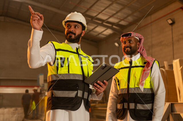 الاشارة الى شيء ما، ورشات عمل في السعودية, أدوات ومعدات مصنوعة من الرخام، جودة الانتاج المحلي الوطني, صناعة الأثاث المنزلي والمكتبي، رجلان مهندسان عربيان خليجيان سعوديان يرتديان الثوب التقليدي وزي العمل يعملان على جهاز التابلت، دمج التقنية والتكنولوجيا في المعامل