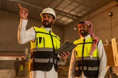 الاشارة الى شيء ما، ورشات عمل في السعودية, أدوات ومعدات مصنوعة من الرخام، جودة الانتاج المحلي الوطني, صناعة الأثاث المنزلي والمكتبي، رجلان مهندسان عربيان خليجيان سعوديان يرتديان الثوب التقليدي وزي العمل يعملان على جهاز التابلت، دمج التقنية والتكنولوجيا في المعامل