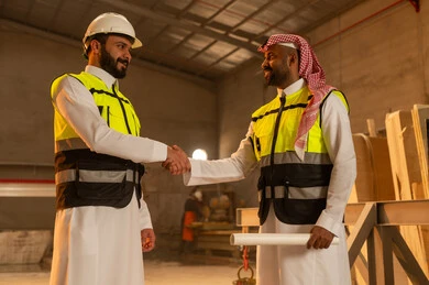 Peace, welcome and handshake, workshops in Saudi Arabia, tools and equipment made of marble, quality of local national production, old traditional professions and crafts in the Kingdom, home and office furniture manufacturing, a Saudi Arabian Gulf Arab engineer wearing traditional thobe and work clothes shaking hands with his colleague