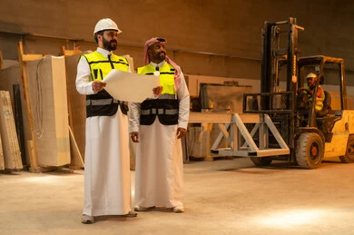 تبادل الآراء والخبرات، ورشات عمل في المملكة العربية السعودية, أدوات ومعدات مصنوعة من الرخام, جودة الانتاج المحلي الوطني, صناعة الأثاث المنزلي والمكتبي، رجل مهندس عربي خليجي سعودي يرتدي الثوب التقليدي وزي العمل يتناقش مع زميله