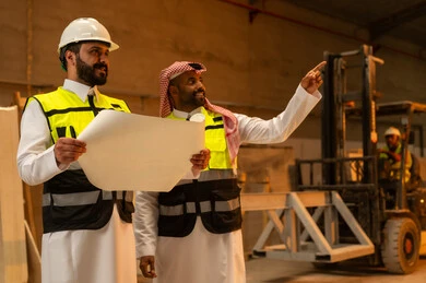 Exchange of views and experiences, workshops in Saudi Arabia, tools and equipment made of marble, quality of local national production, home and office furniture industry, a Saudi Arabian Gulf Arab engineer man wearing traditional thobe and work clothes discussing with his colleague