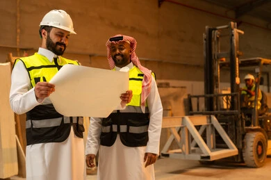 تبادل الآراء والخبرات، ورشات عمل في المملكة العربية السعودية, أدوات ومعدات مصنوعة من الرخام, جودة الانتاج المحلي الوطني, صناعة الأثاث المنزلي والمكتبي، رجل مهندس عربي خليجي سعودي يرتدي الثوب التقليدي وزي العمل يتناقش مع زميله