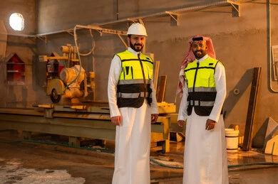 الوقوف باستقامة بتعابير السرور، ورشات عمل في المملكة العربية السعودية, أدوات ومعدات مصنوعة من الرخام, جودة الانتاج المحلي الوطني, صناعة الأثاث المنزلي والمكتبي، رجل مهندس عربي خليجي سعودي يرتدي الثوب التقليدي وزي العمل ينظر الى الكاميرا برفقة صديقه