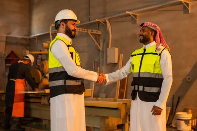 Handshaking, greeting and welcoming, workshops in Saudi Arabia, tools and equipment made of marble, quality of local national production, old traditional professions and crafts in the Kingdom, home and office furniture manufacturing, a Saudi Arabian Gulf Arab engineer wearing traditional clothing and work clothes shaking hands with his colleague