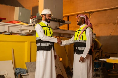 Handshaking, greeting and welcoming, workshops in Saudi Arabia, tools and equipment made of marble, quality of local national production, old traditional professions and crafts in the Kingdom, home and office furniture manufacturing, a Saudi Arabian Gulf Arab engineer wearing traditional clothing and work clothes shaking hands with his colleague
