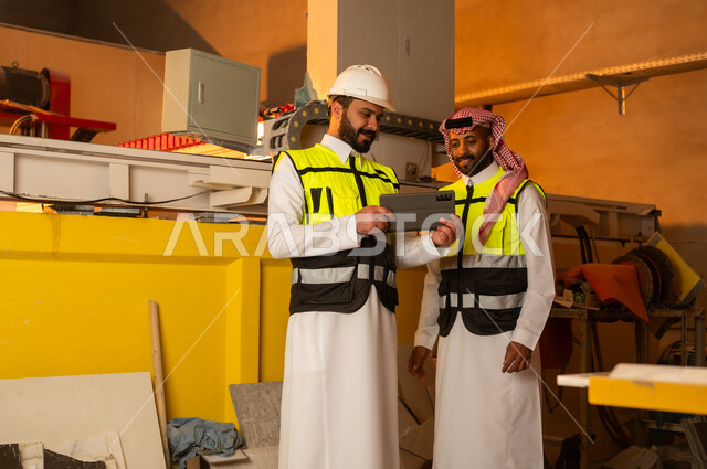 ورشات عمل في المملكة العربية السعودية, أدوات ومعدات مصنوعة من الرخام، جودة الانتاج المحلي الوطني, صناعة الأثاث المنزلي والمكتبي، رجلان مهندسان عربيان خليجيان سعوديان يرتديان الثوب التقليدي وزي العمل يعملان على جهاز التابلت، دمج التقنية والتكنولوجيا في المعامل