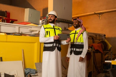 ورشات عمل في المملكة العربية السعودية, أدوات ومعدات مصنوعة من الرخام، جودة الانتاج المحلي الوطني, صناعة الأثاث المنزلي والمكتبي، رجلان مهندسان عربيان خليجيان سعوديان يرتديان الثوب التقليدي وزي العمل يعملان على جهاز التابلت، دمج التقنية والتكنولوجيا في المعامل