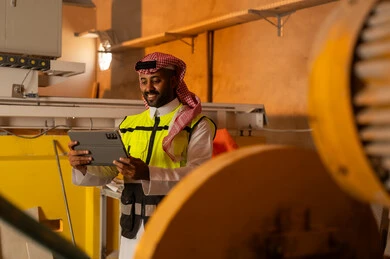 Integrating technology and technology in laboratories, workshops in Saudi Arabia, tools and equipment made of marble, quality of local national production, home and office furniture manufacturing, a Saudi Arabian Gulf Arab engineer man wearing traditional thobe and work clothes holding a tablet in his hand