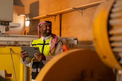 دمج التقنية والتكنولوجيا في المعامل، ورشات عمل في المملكة العربية السعودية, أدوات ومعدات مصنوعة من الرخام، جودة الانتاج المحلي الوطني, صناعة الأثاث المنزلي والمكتبي، رجل مهندس عربي خليجي سعودي يرتدي الثوب التقليدي وزي العمل يمسك بيده جهاز التابلت