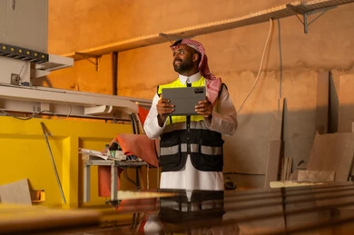 Integrating technology and technology in laboratories, workshops in Saudi Arabia, tools and equipment made of marble, quality of local national production, home and office furniture manufacturing, a Saudi Arabian Gulf Arab engineer man wearing traditional thobe and work clothes holding a tablet in his hand