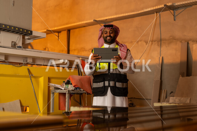 دمج التقنية والتكنولوجيا في المعامل، ورشات عمل في المملكة العربية السعودية, أدوات ومعدات مصنوعة من الرخام، جودة الانتاج المحلي الوطني, صناعة الأثاث المنزلي والمكتبي، رجل مهندس عربي خليجي سعودي يرتدي الثوب التقليدي وزي العمل يمسك بيده جهاز التابلت
