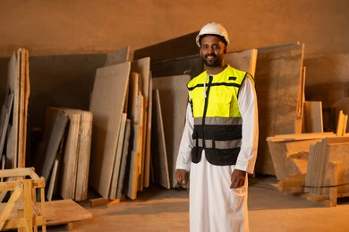 الوقوف باستقامة بتعابير السرور، ورشات عمل في سلطنة عمان, أدوات ومعدات مصنوعة من الرخام، جودة الانتاج المحلي الوطني, صناعة الأثاث المنزلي والمكتبي، رجل مهندس عربي خليجي عماني يرتدي الدشداشة وزي العمل ينظر الى الكاميرا بايماءات السعادة