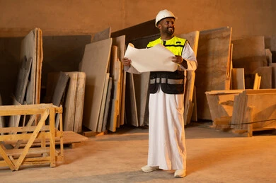 العمل على المخططات والاوراق الهندسية، رجل مهندس عربي خليجي عماني يرتدي الدشداشة وزي العمل يمسك بيده الورقة، ورشات عمل في سلطنة عمان، أدوات ومعدات مصنوعة من الرخام، جودة الانتاج المحلي الوطني, صناعة الأثاث المنزلي والمكتبي